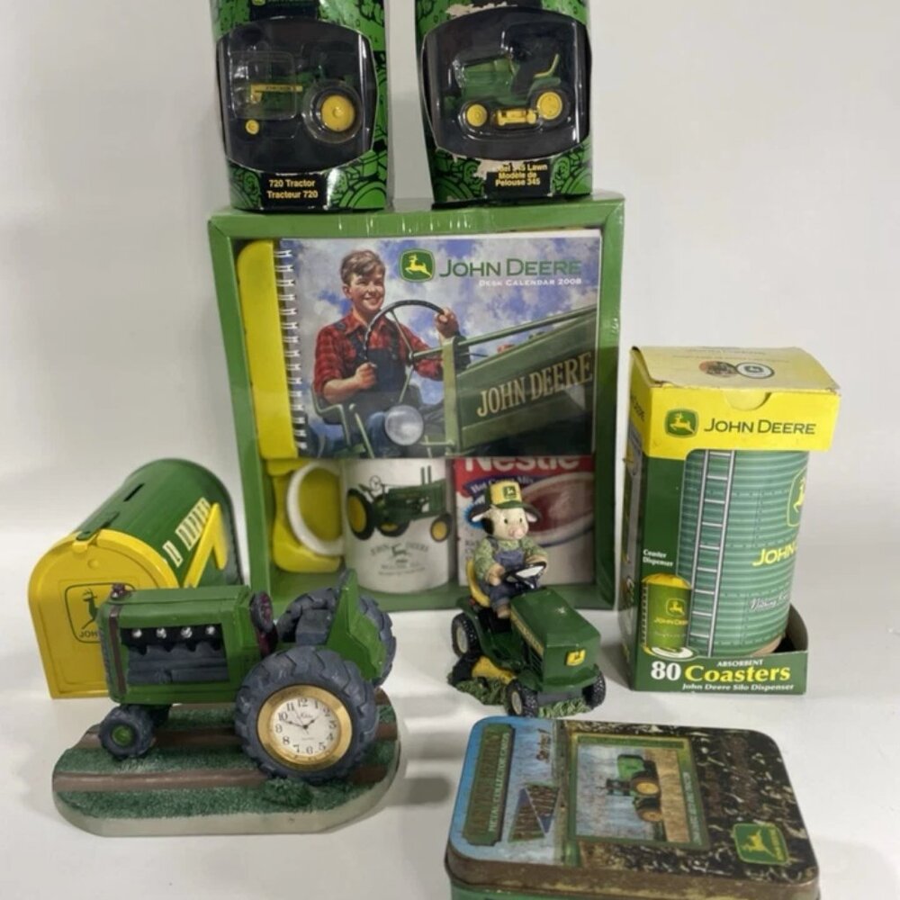 John Deere Lot Of 8 Tractors 80 Coasters, Mailbox Mug Set & More Vintage